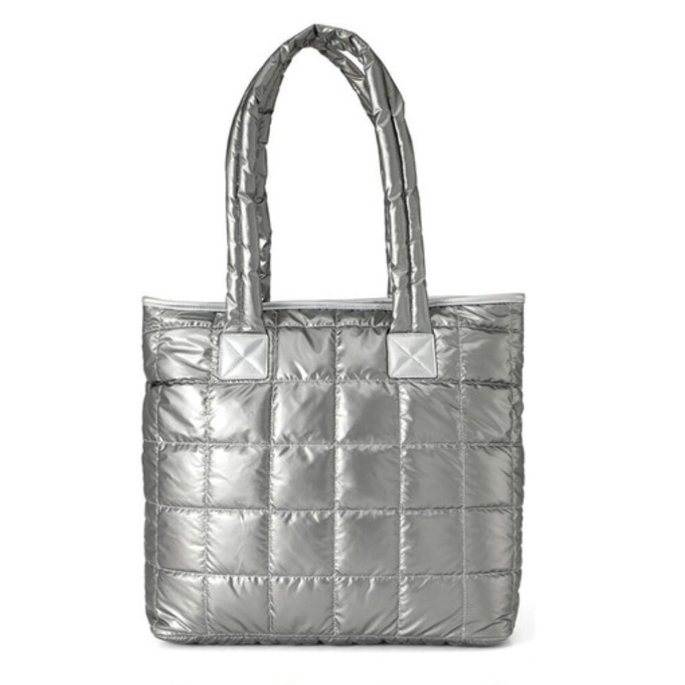 Quilted Puffer Tote - Silver - Double Handle- XL- Lightweight - NWT